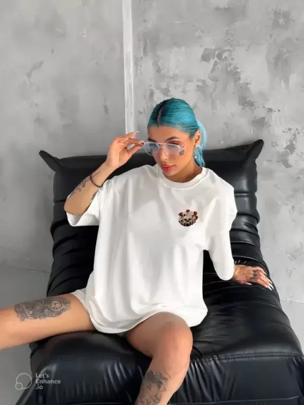 Unisex Bisiklet Yaka Baskılı Oversize T-Shirt - Beyaz - BÜYÜKBEDENIZ