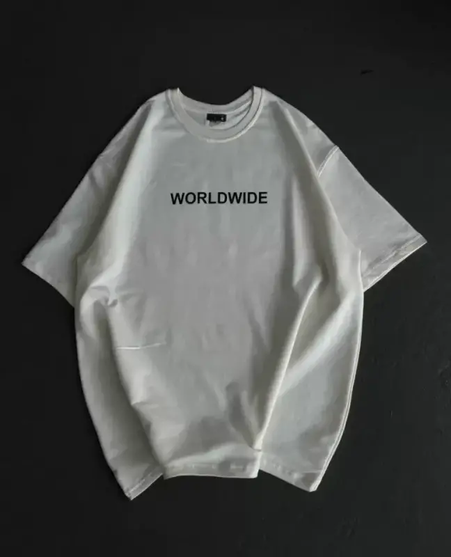 Unisex Bisiklet Yaka Baskılı Oversize T-Shirt - Beyaz - BÜYÜKBEDENIZ