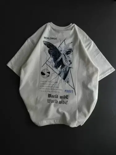 Unisex Bisiklet Yaka Baskılı Oversize T-Shirt - Beyaz - BÜYÜKBEDENIZ (1)
