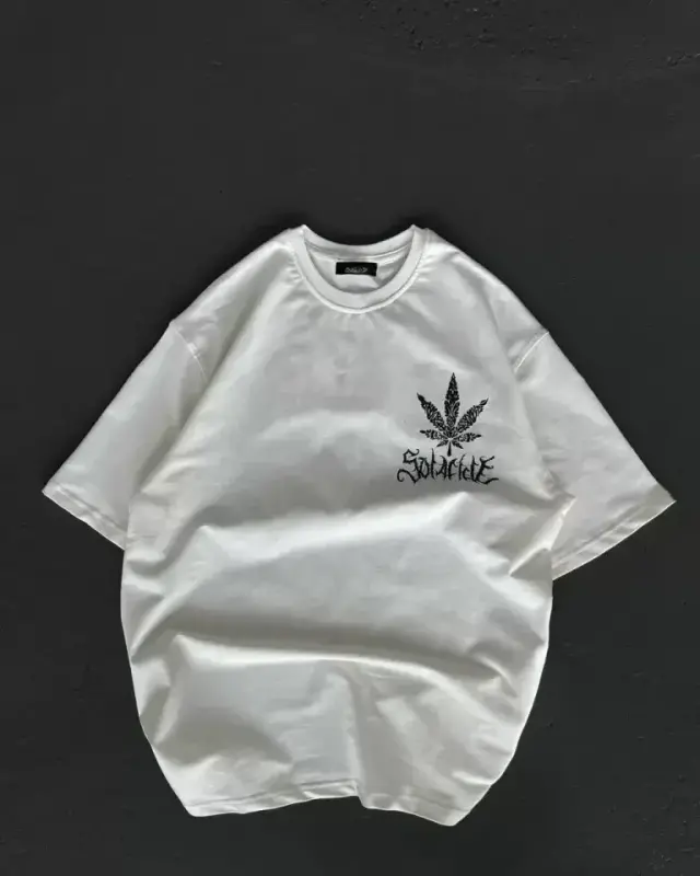 Unisex Bisiklet Yaka Baskılı Oversize T-Shirt - Beyaz - BÜYÜKBEDENIZ