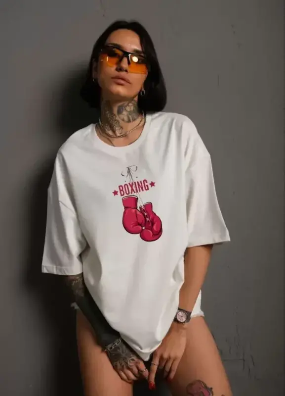 Unisex Bisiklet Yaka Baskılı Oversize T-Shirt - Beyaz - BÜYÜKBEDENIZ