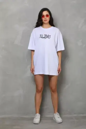 Unisex Bisiklet Yaka Baskılı Oversize T-Shirt - Beyaz - 3
