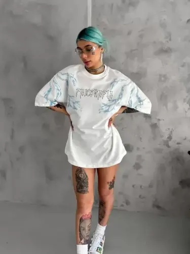 Unisex Bisiklet Yaka Baskılı Oversize T-Shirt - Beyaz - BÜYÜKBEDENIZ (1)