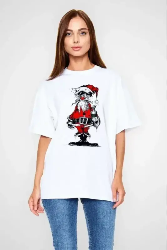 Unisex Bisiklet Yaka Baskılı Oversize T-Shirt - Beyaz - BÜYÜKBEDENIZ