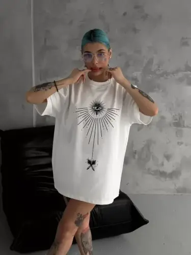 Unisex Bisiklet Yaka Baskılı Oversize T-Shirt - Beyaz - BÜYÜKBEDENIZ (1)