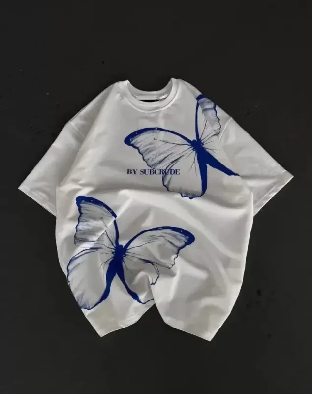Unisex Bisiklet Yaka Baskılı Oversize T-Shirt - Beyaz - BÜYÜKBEDENIZ