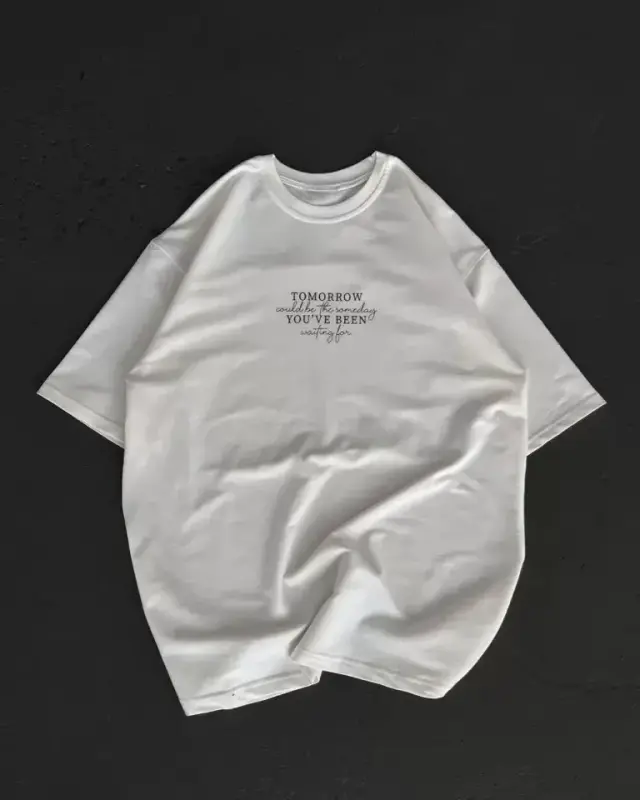 Unisex Bisiklet Yaka Baskılı Oversize T-Shirt - Beyaz - BÜYÜKBEDENIZ