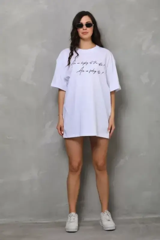 Unisex Bisiklet Yaka Baskılı Oversize T-Shirt - Beyaz - BÜYÜKBEDENIZ