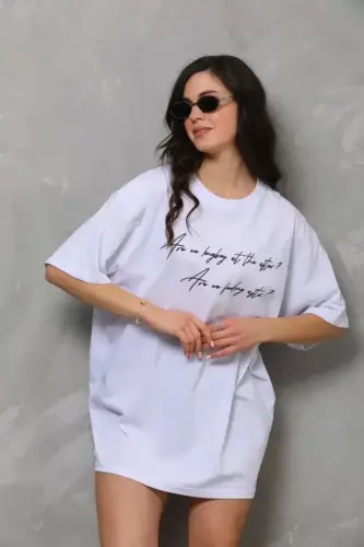 Unisex Bisiklet Yaka Baskılı Oversize T-Shirt - Beyaz - BÜYÜKBEDENIZ (1)