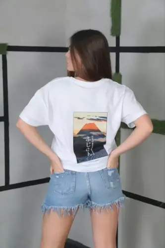 Unisex Bisiklet Yaka Baskılı Oversize T-Shirt- Beyaz - BÜYÜKBEDENIZ (1)