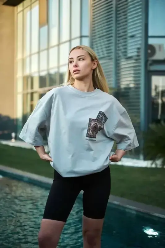 Unisex Bisiklet Yaka Baskılı Oversize T-Shirt - Boyalı Gri - BÜYÜKBEDENIZ
