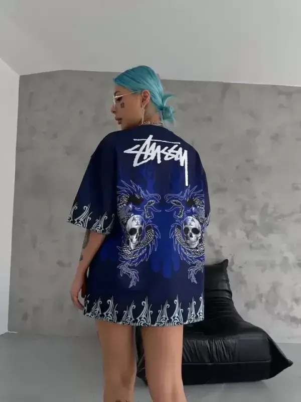 Unisex Bisiklet Yaka Baskılı Oversize T-Shirt - Lacivert - BÜYÜKBEDENIZ