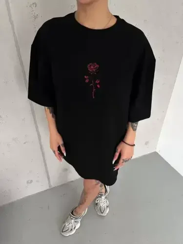 Unisex Bisiklet Yaka Baskılı Oversize T-Shirt - Siyah - 1