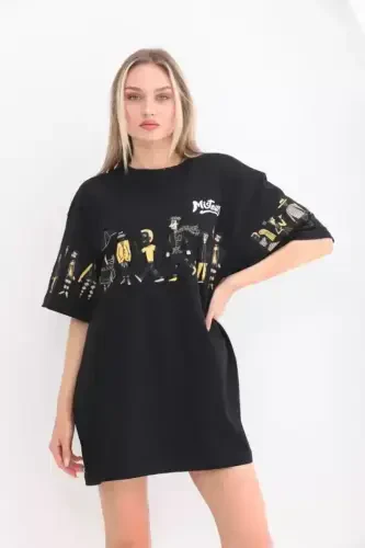 Unisex Bisiklet Yaka Baskılı Oversize T-Shirt - Siyah - BÜYÜKBEDENIZ (1)