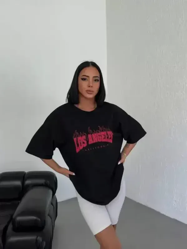 Unisex Bisiklet Yaka Baskılı Oversize T-Shirt - Siyah - BÜYÜKBEDENIZ