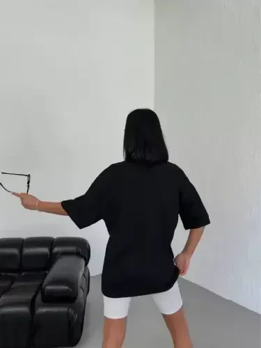 Unisex Bisiklet Yaka Baskılı Oversize T-Shirt - Siyah - BÜYÜKBEDENIZ (1)