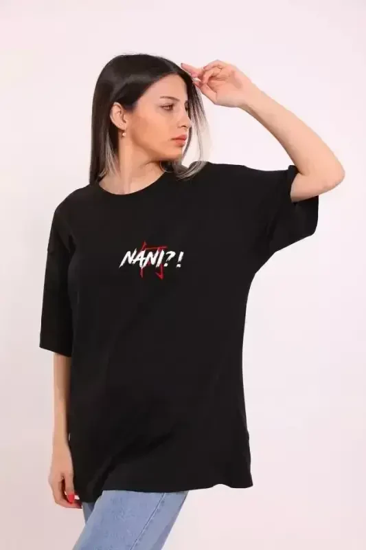 Unisex Bisiklet Yaka Baskılı Oversize T-Shirt - Siyah - BÜYÜKBEDENIZ