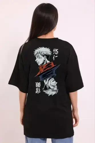 Unisex Bisiklet Yaka Baskılı Oversize T-Shirt - Siyah - BÜYÜKBEDENIZ (1)