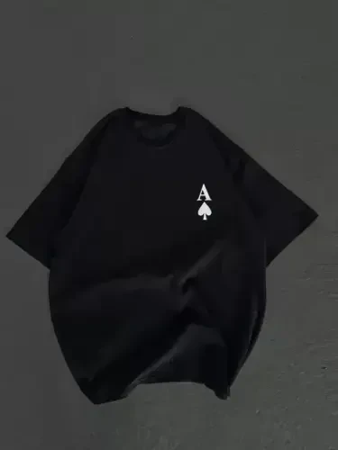 Unisex Bisiklet Yaka Baskılı Oversize T-Shirt - Siyah - 1