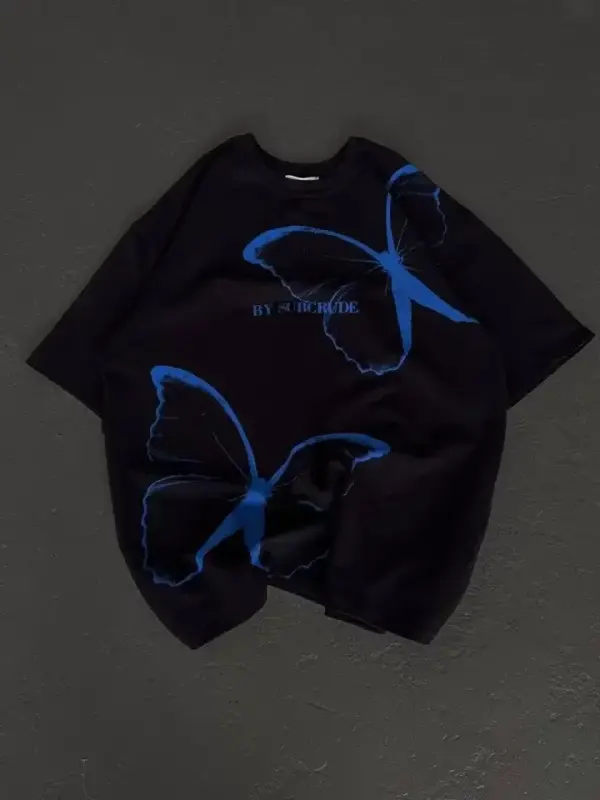 Unisex Bisiklet Yaka Baskılı Oversize T-Shirt - Siyah - BÜYÜKBEDENIZ