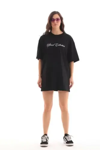 Unisex Bisiklet Yaka Baskılı Oversize T-Shirt - Siyah - BÜYÜKBEDENIZ (1)