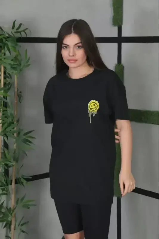 Unisex Bisiklet Yaka Baskılı Oversize T-Shirt - Siyah - BÜYÜKBEDENIZ