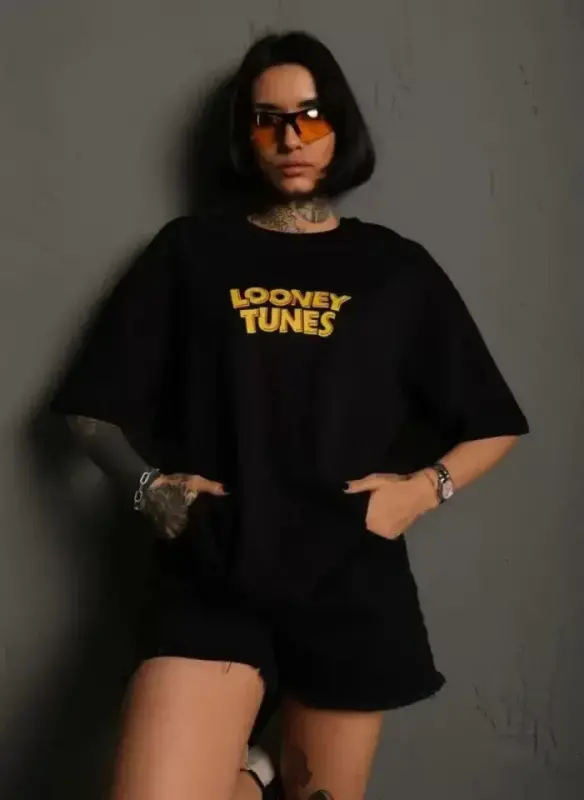 Unisex Bisiklet Yaka Baskılı Oversize T-Shirt - Siyah - BÜYÜKBEDENIZ