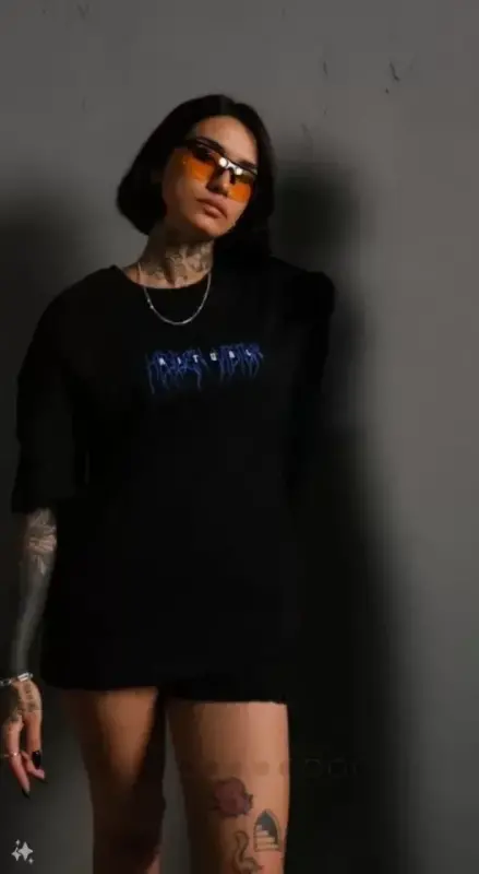 Unisex Bisiklet Yaka Baskılı Oversize T-Shirt - Siyah - BÜYÜKBEDENIZ