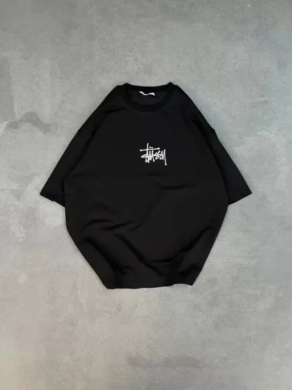 Unisex Bisiklet Yaka Baskılı Oversize T-Shirt - Siyah - BÜYÜKBEDENIZ