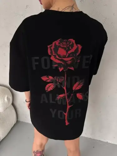 Unisex Bisiklet Yaka Baskılı Oversize T-Shirt - Siyah - BÜYÜKBEDENIZ (1)
