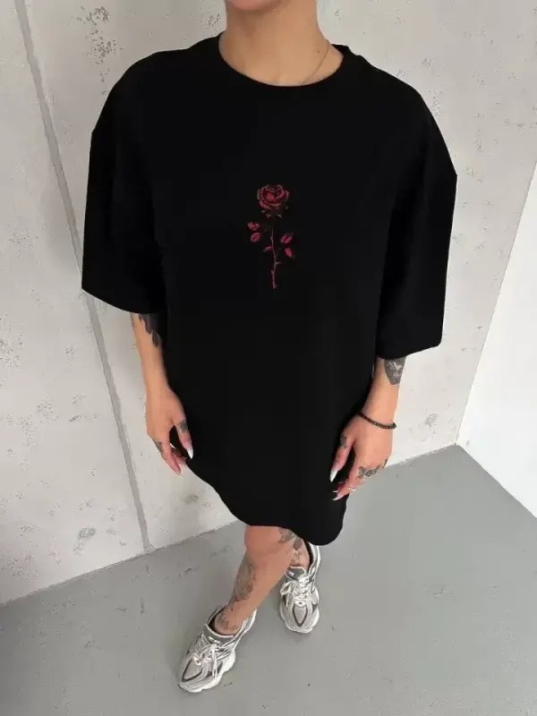 Unisex Bisiklet Yaka Baskılı Oversize T-Shirt - Siyah - BÜYÜKBEDENIZ