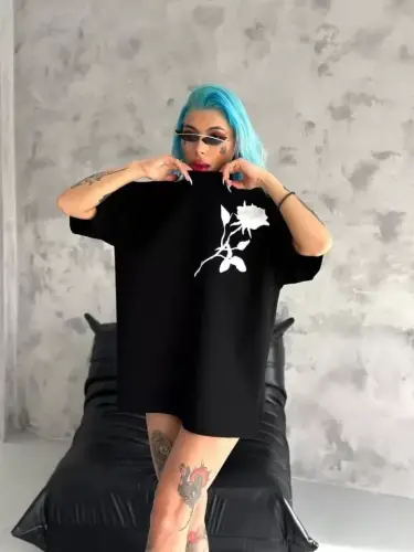 Unisex Bisiklet Yaka Baskılı Oversize T-Shirt - Siyah - BÜYÜKBEDENIZ (1)