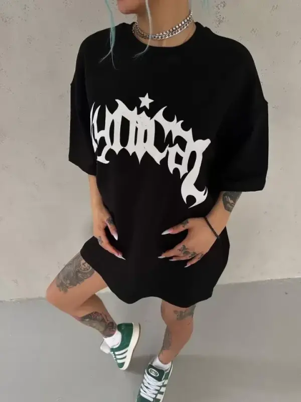 Unisex Bisiklet Yaka Baskılı Oversize T-Shirt - Siyah - BÜYÜKBEDENIZ