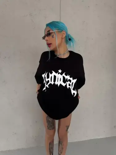 Unisex Bisiklet Yaka Baskılı Oversize T-Shirt - Siyah - BÜYÜKBEDENIZ (1)