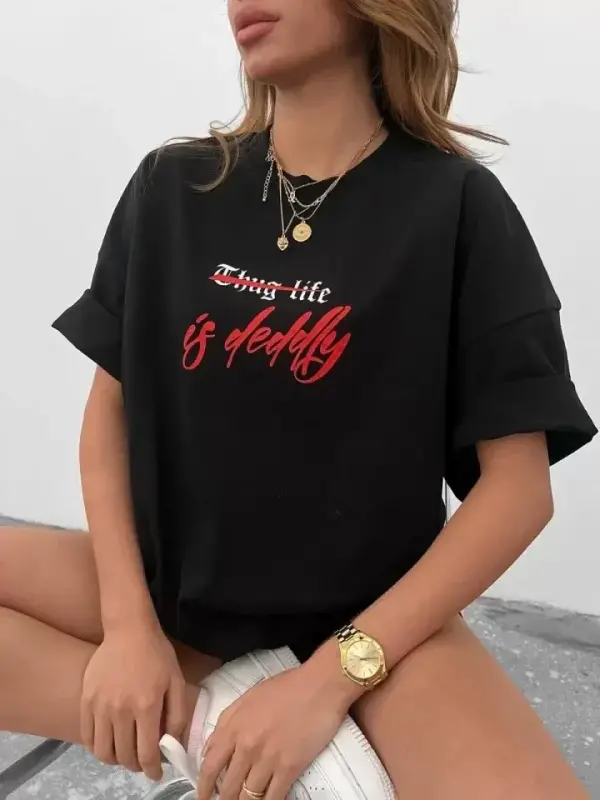 Unisex Bisiklet Yaka Baskılı Oversize T-Shirt - Siyah - BÜYÜKBEDENIZ