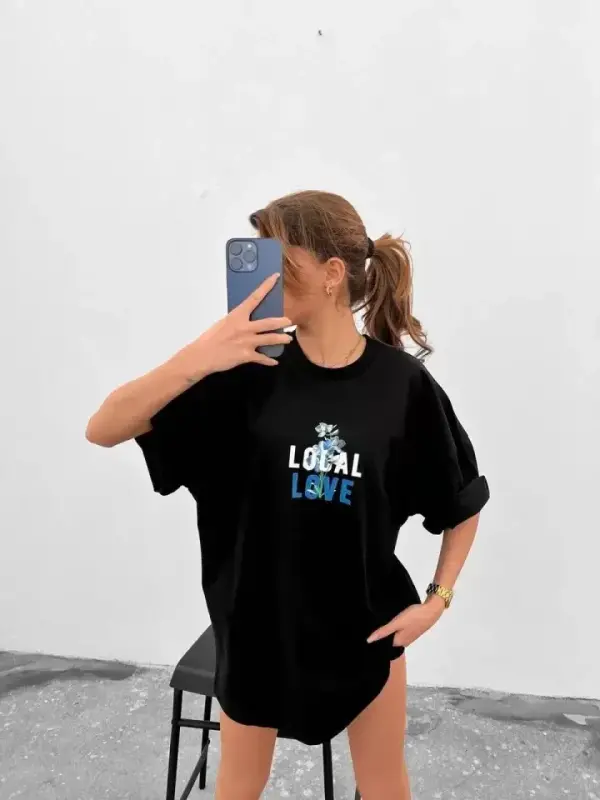 Unisex Bisiklet Yaka Baskılı Oversize T-Shirt - Siyah - BÜYÜKBEDENIZ