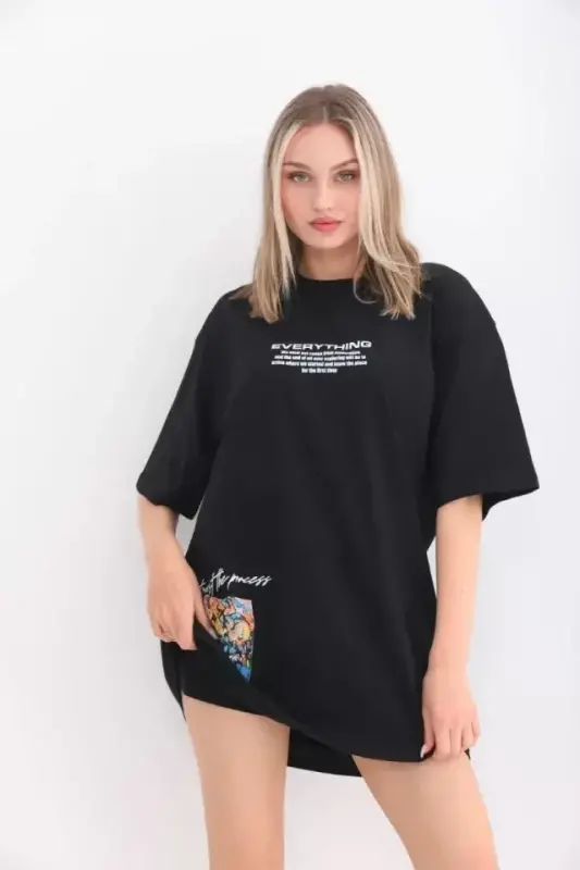 Unisex Bisiklet Yaka Baskılı Oversize T-Shirt - Siyah - BÜYÜKBEDENIZ
