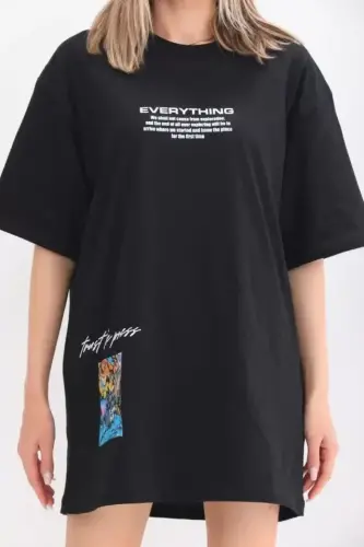 Unisex Bisiklet Yaka Baskılı Oversize T-Shirt - Siyah - BÜYÜKBEDENIZ (1)