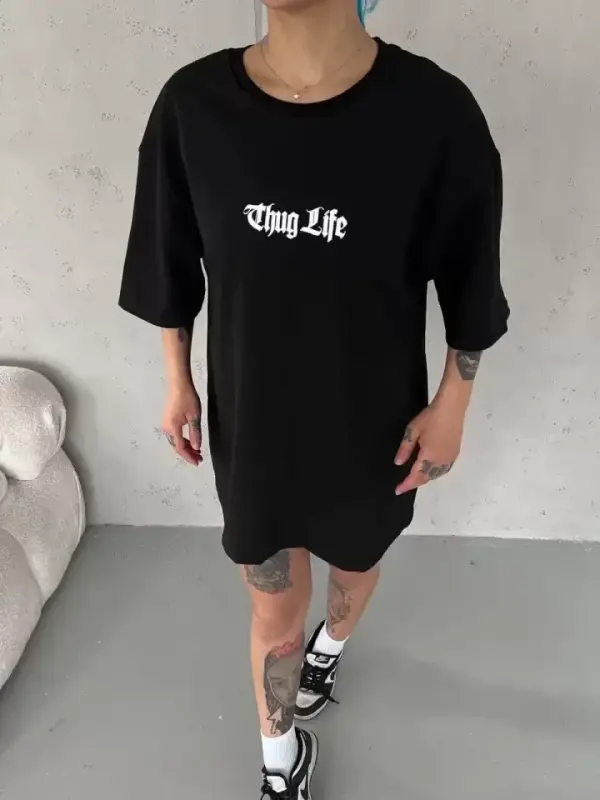 Unisex Bisiklet Yaka Baskılı Oversize T-Shirt - Siyah - BÜYÜKBEDENIZ