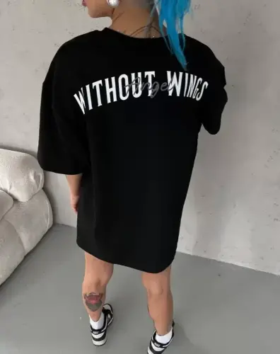 Unisex Bisiklet Yaka Baskılı Oversize T-Shirt - Siyah - BÜYÜKBEDENIZ (1)