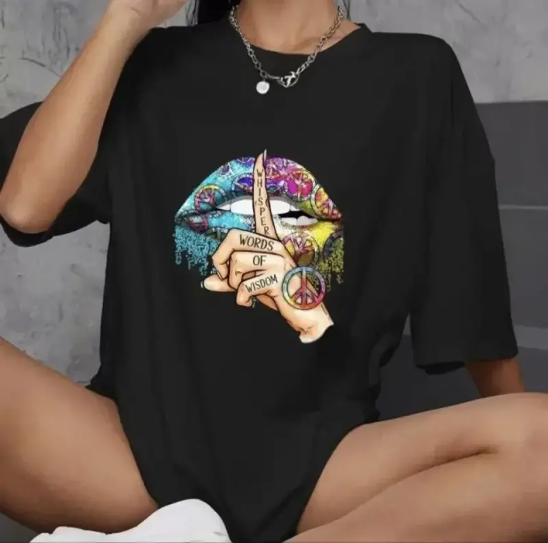 Unisex Bisiklet Yaka Baskılı Oversize T-Shirt - Siyah - BÜYÜKBEDENIZ