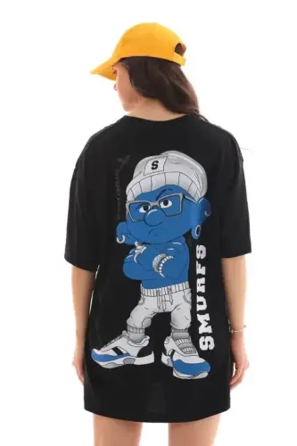Unisex Bisiklet Yaka Baskılı Oversize T-Shirt - Siyah - BÜYÜKBEDENIZ (1)