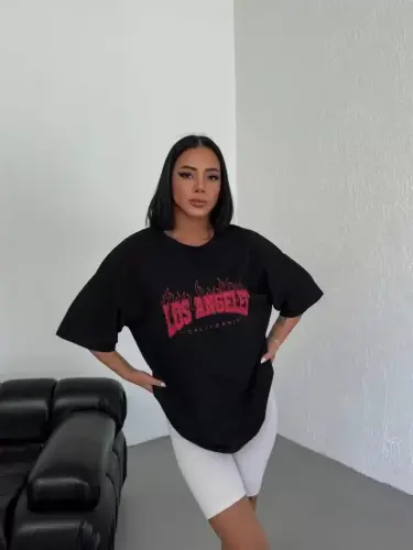 Unisex Bisiklet Yaka Baskılı Oversize T-Shirt - Siyah - 1