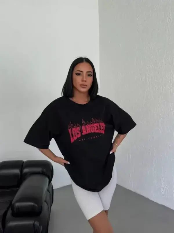 Unisex Bisiklet Yaka Baskılı Oversize T-Shirt - Siyah - 1