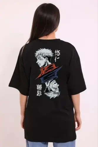 Unisex Bisiklet Yaka Baskılı Oversize T-Shirt - Siyah - BÜYÜKBEDENIZ (1)