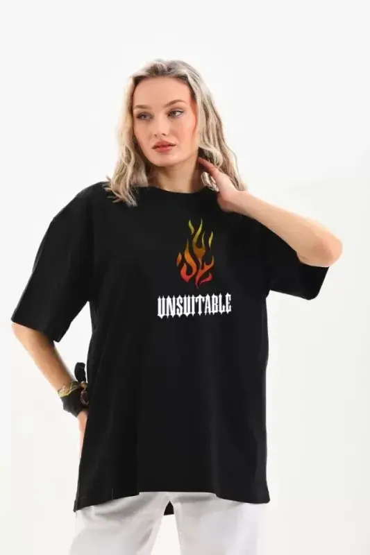 Unisex Bisiklet Yaka Baskılı Oversize T-Shirt - Siyah - BÜYÜKBEDENIZ