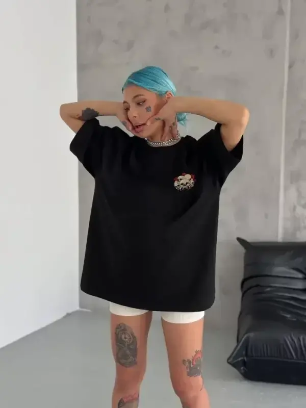 Unisex Bisiklet Yaka Baskılı Oversize T-Shirt - Siyah - BÜYÜKBEDENIZ