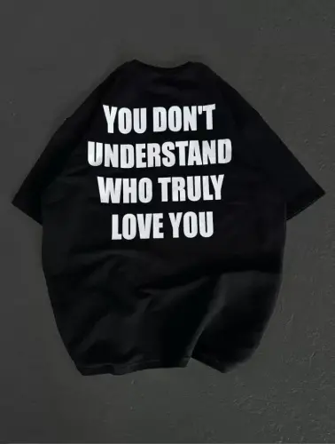 Unisex Bisiklet Yaka Baskılı Oversize T-Shirt - Siyah - 2