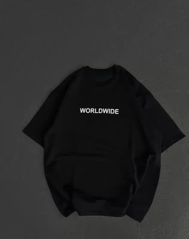 Unisex Bisiklet Yaka Baskılı Oversize T-Shirt - Siyah - BÜYÜKBEDENIZ