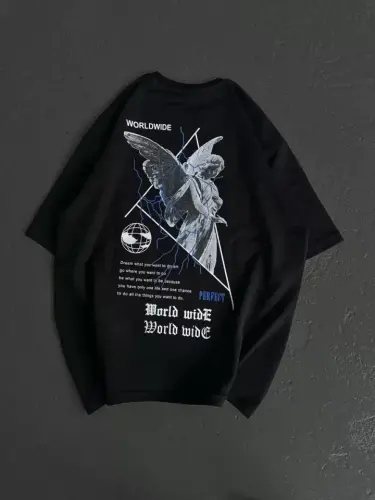 Unisex Bisiklet Yaka Baskılı Oversize T-Shirt - Siyah - BÜYÜKBEDENIZ (1)